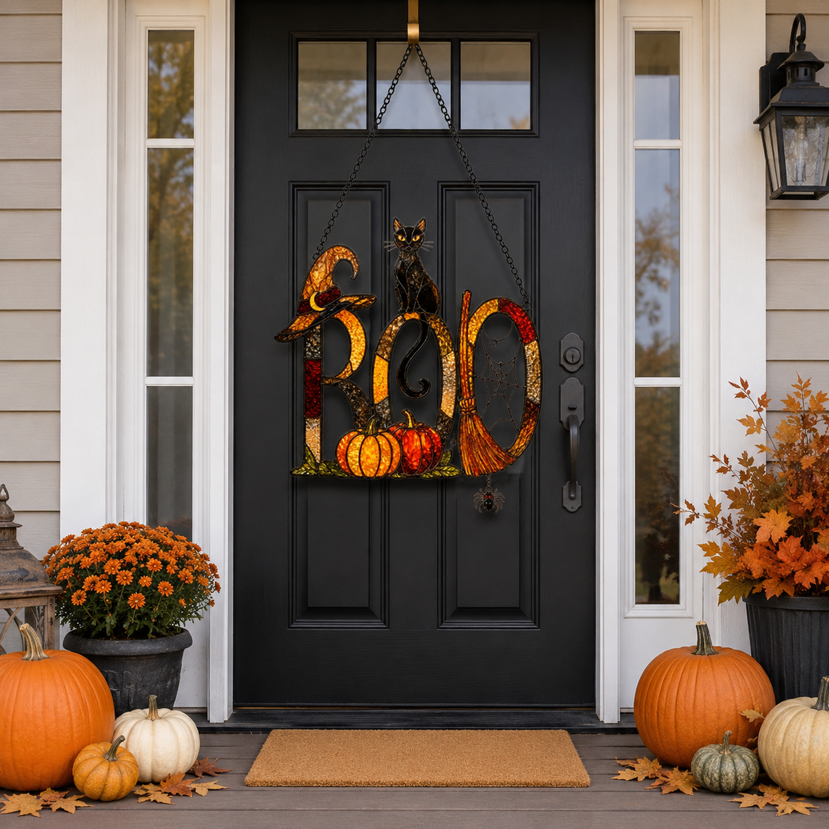 BOO Sign with Black Cat, Broom & Pumpkins Holographic Acrylic Suncatcher