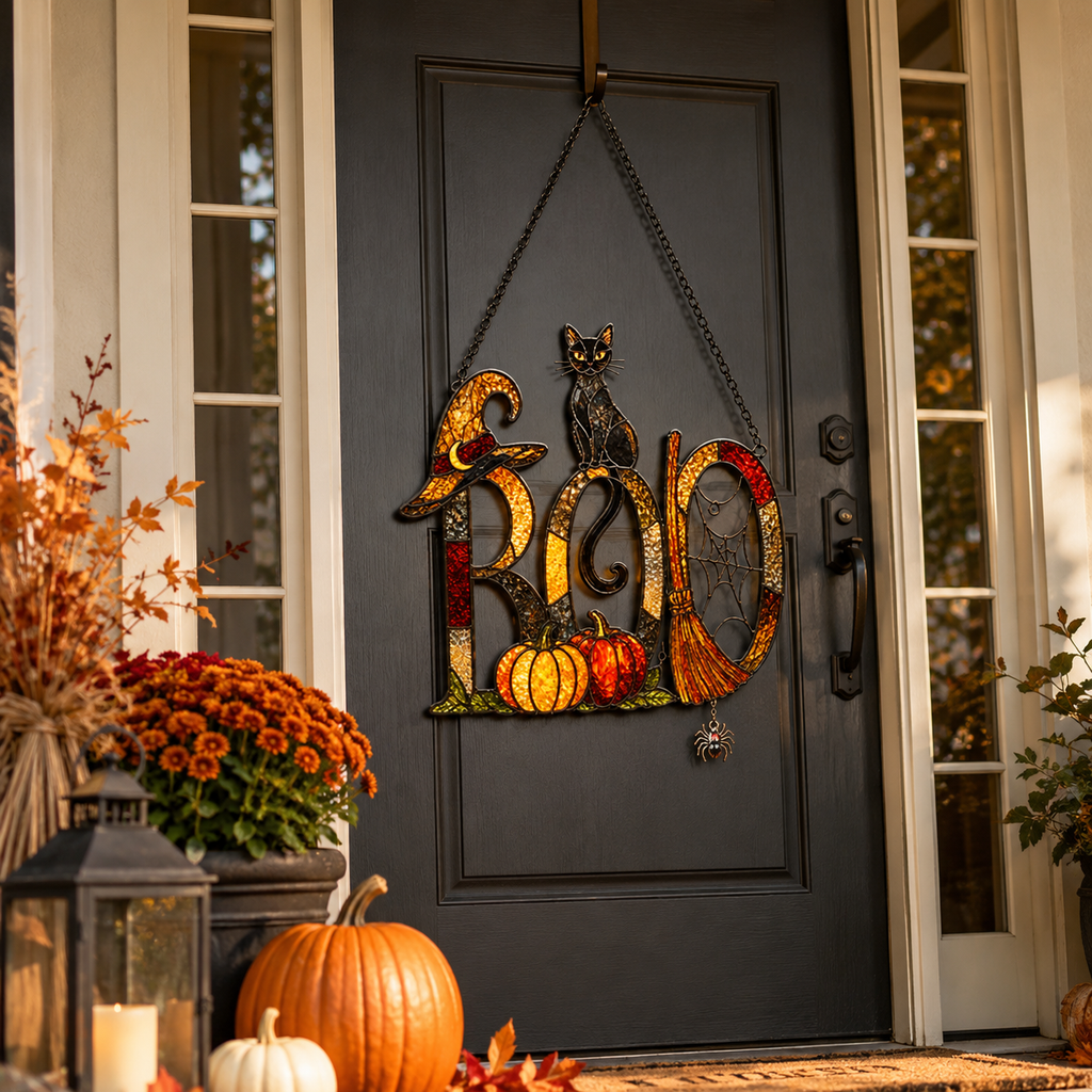BOO Sign with Black Cat, Broom & Pumpkins Holographic Acrylic Suncatcher