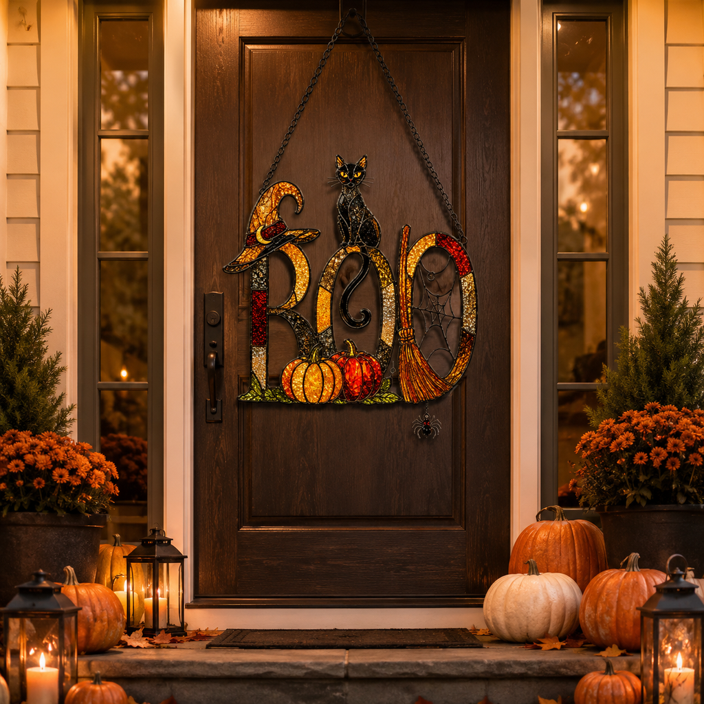 BOO Sign with Black Cat, Broom & Pumpkins Holographic Acrylic Suncatcher