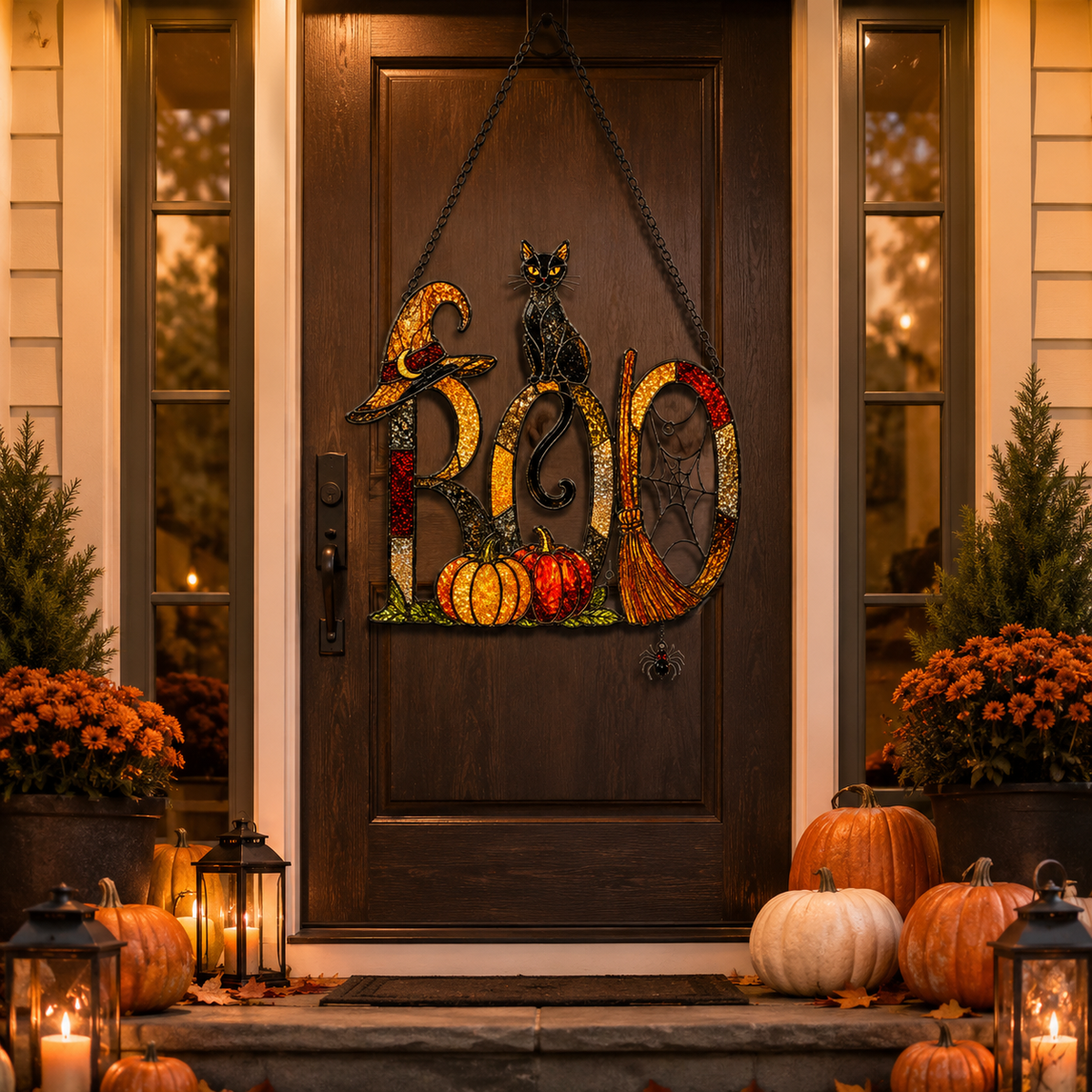BOO Sign with Black Cat, Broom & Pumpkins Holographic Acrylic Suncatcher