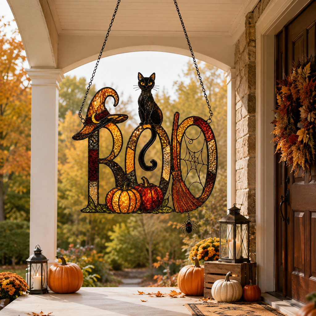BOO Sign with Black Cat, Broom & Pumpkins Holographic Acrylic Suncatcher