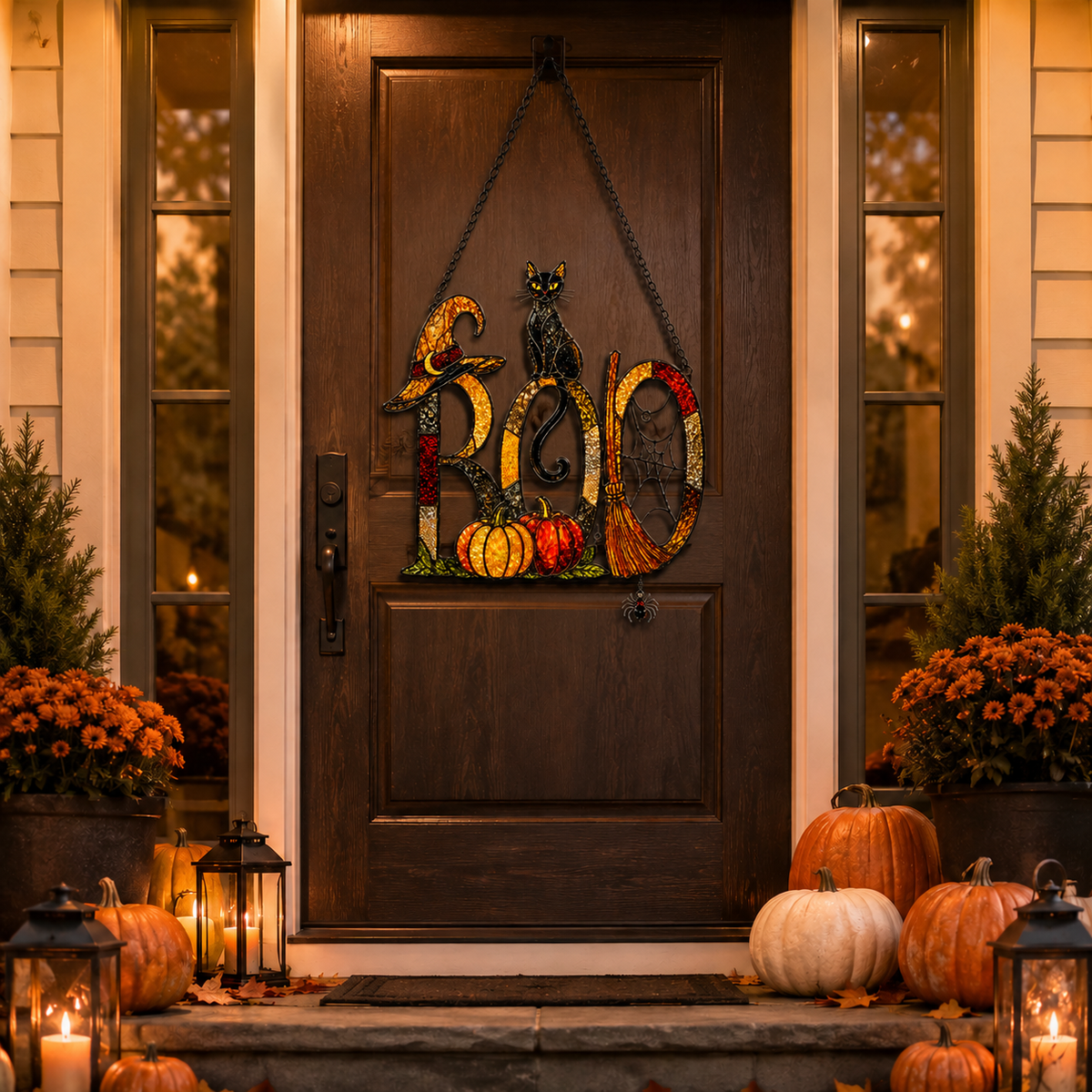 BOO Sign with Black Cat, Broom & Pumpkins Holographic Acrylic Suncatcher