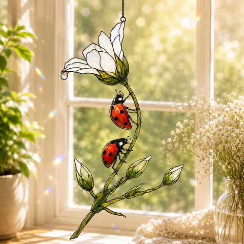 Ladybugs & White Lily Holographic Acrylic Suncatcher