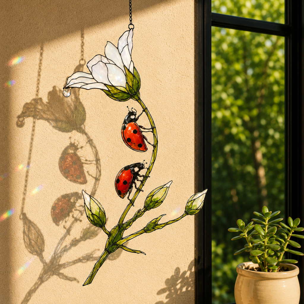 Ladybugs & White Lily Holographic Acrylic Suncatcher
