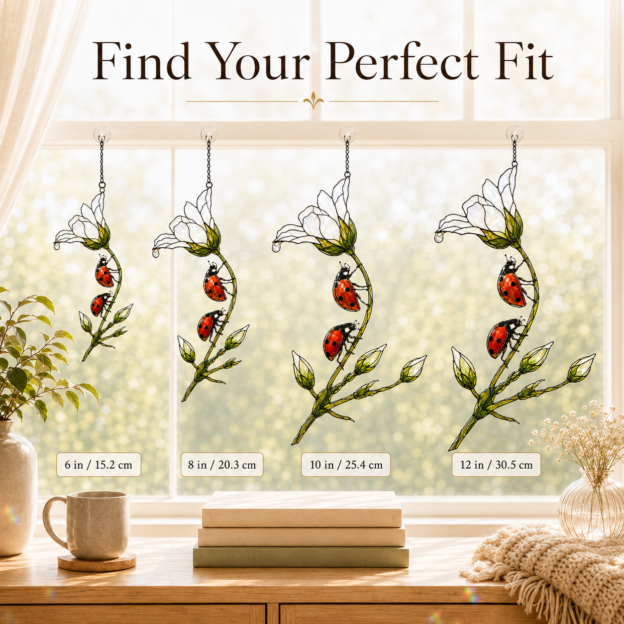Ladybugs & White Lily Holographic Acrylic Suncatcher