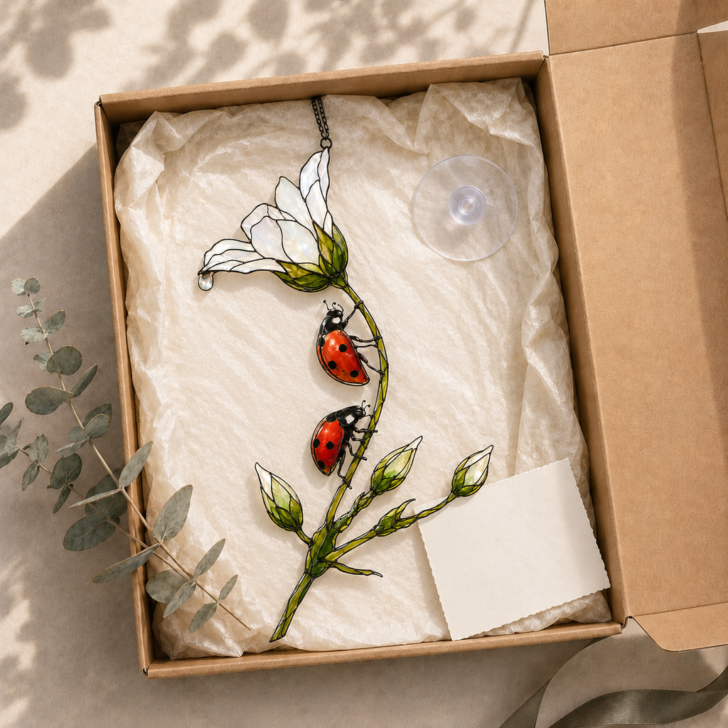 Ladybugs & White Lily Holographic Acrylic Suncatcher