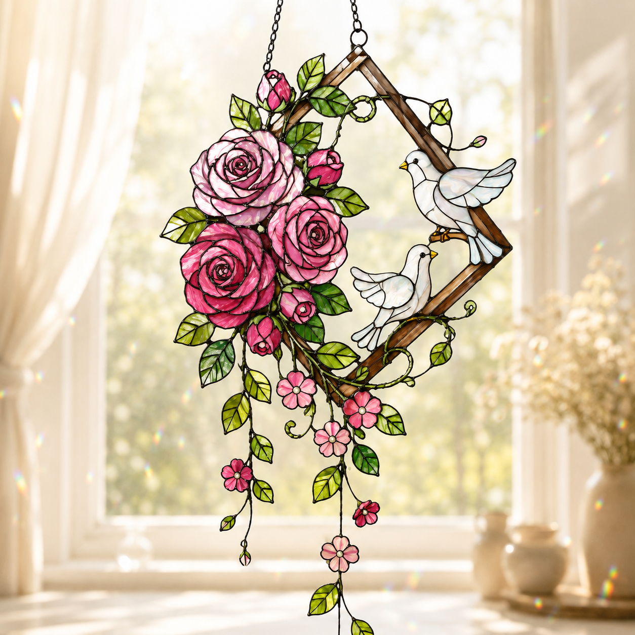 Pink Roses & Doves Holographic Acrylic Suncatcher