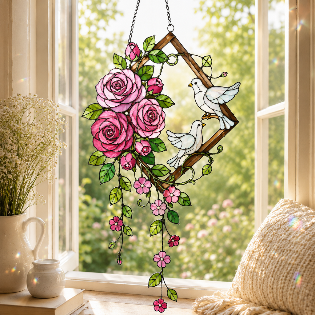 Pink Roses & Doves Holographic Acrylic Suncatcher
