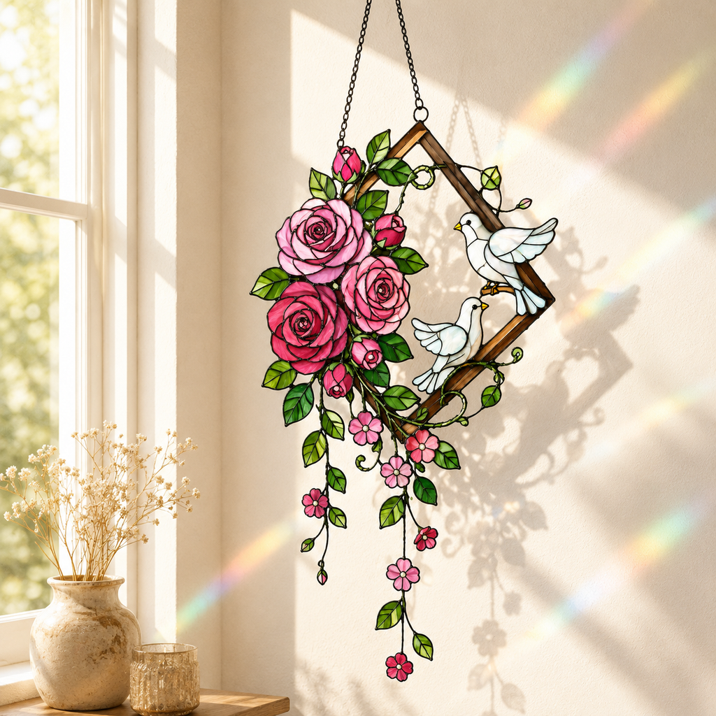 Pink Roses & Doves Holographic Acrylic Suncatcher