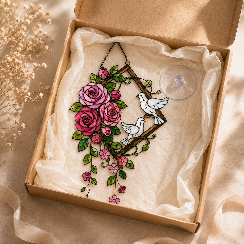 Pink Roses & Doves Holographic Acrylic Suncatcher
