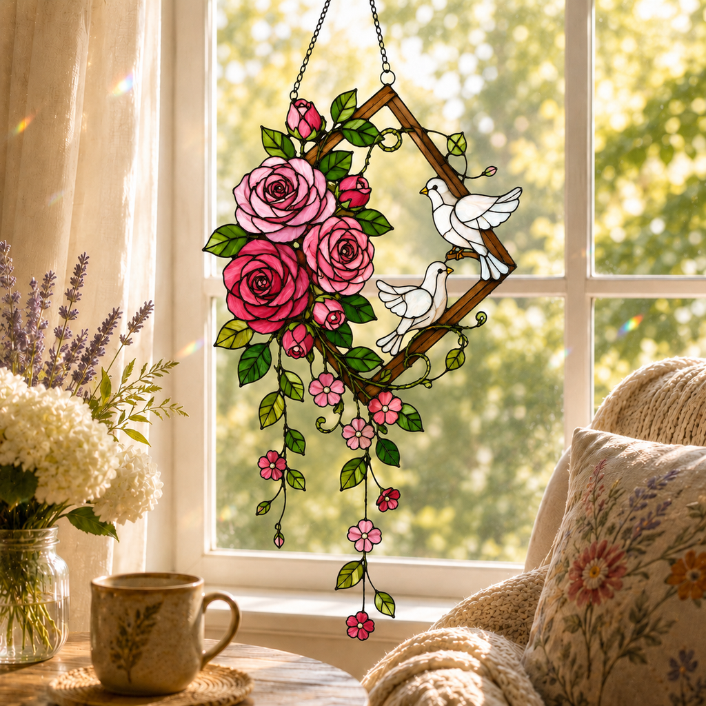 Pink Roses & Doves Holographic Acrylic Suncatcher