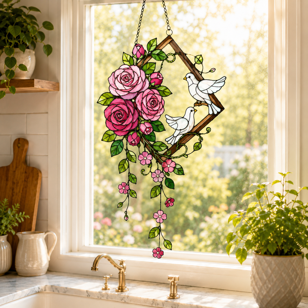 Pink Roses & Doves Holographic Acrylic Suncatcher