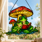 Frog Couple Reading Under Mushroom Umbrella Holographic Acrylic Suncatcher