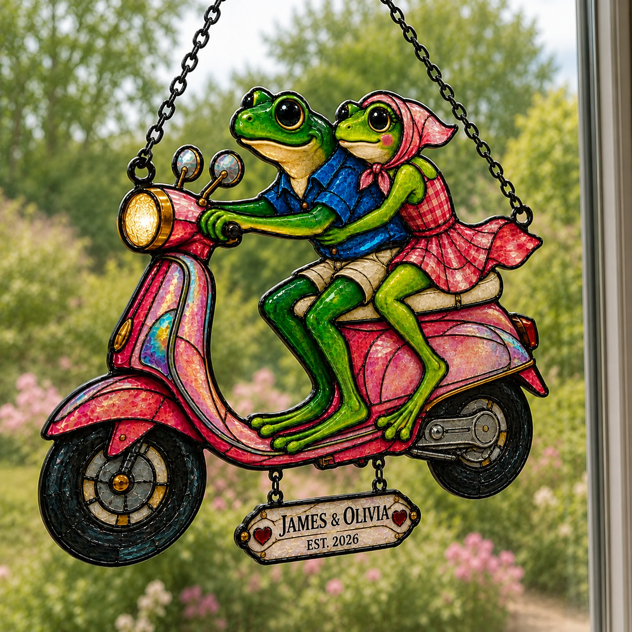 Personalized Frog Couple on Scooter Holographic Acrylic Suncatcher