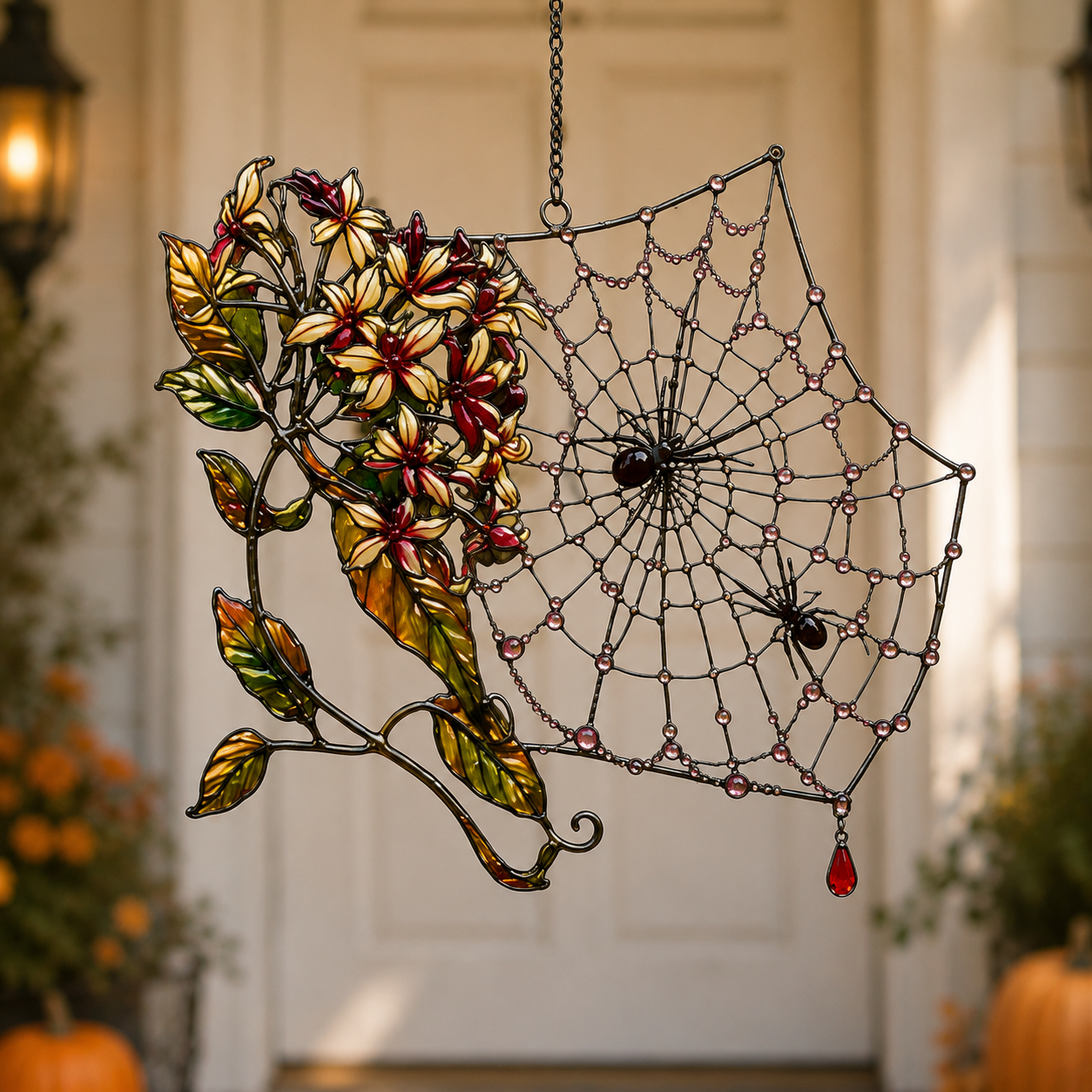 Autumn Spider Web with Flowers Holographic Acrylic Suncatcher