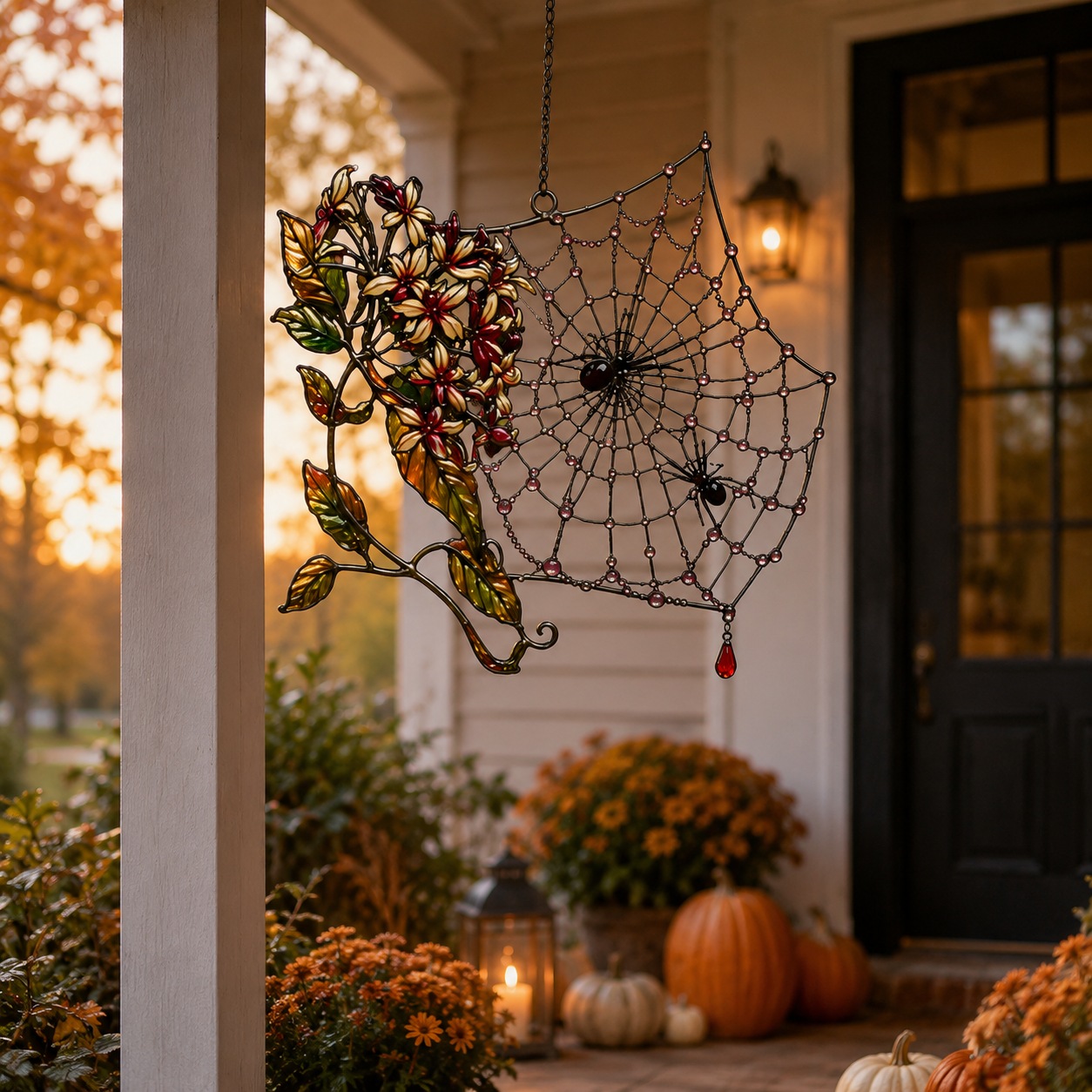 Autumn Spider Web with Flowers Holographic Acrylic Suncatcher