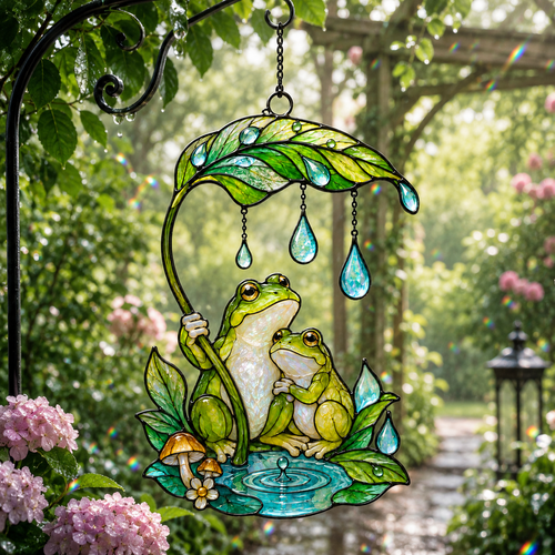 Frog Couple & Leaf Umbrella Holographic Acrylic Suncatcher