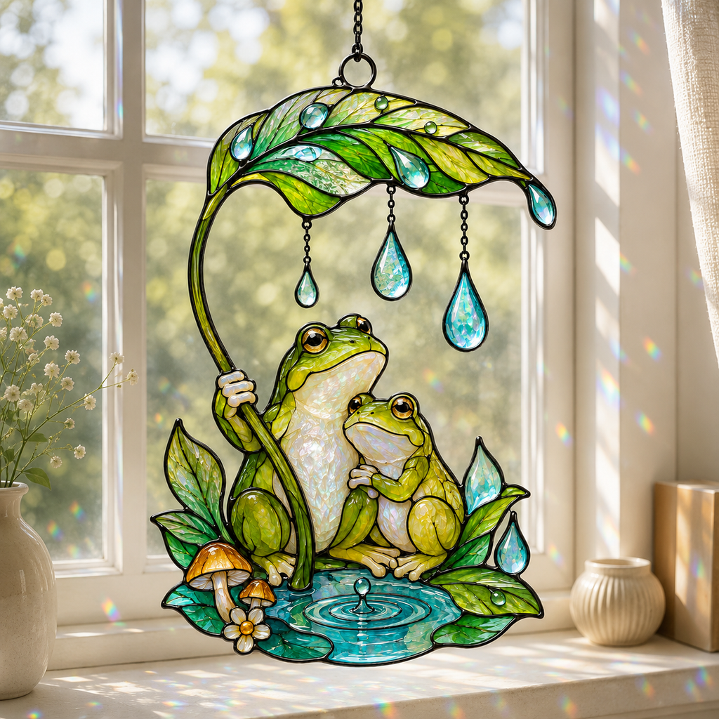Frog Couple & Leaf Umbrella Holographic Acrylic Suncatcher