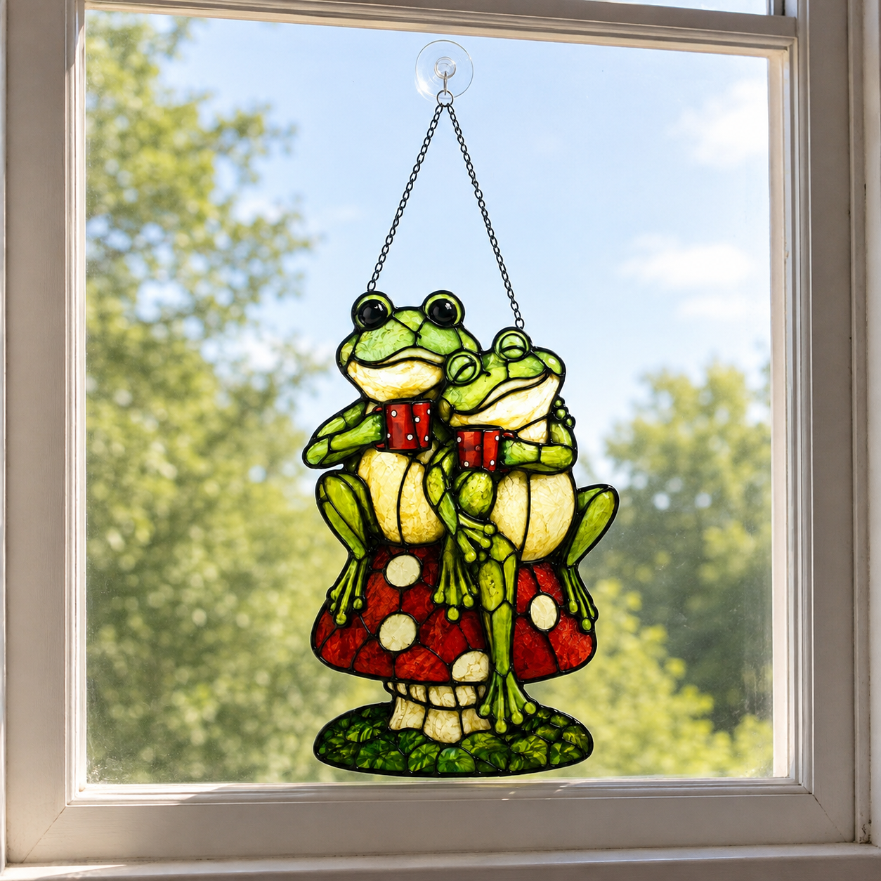 Frog Couple on Mushroom Holographic Acrylic Suncatcher