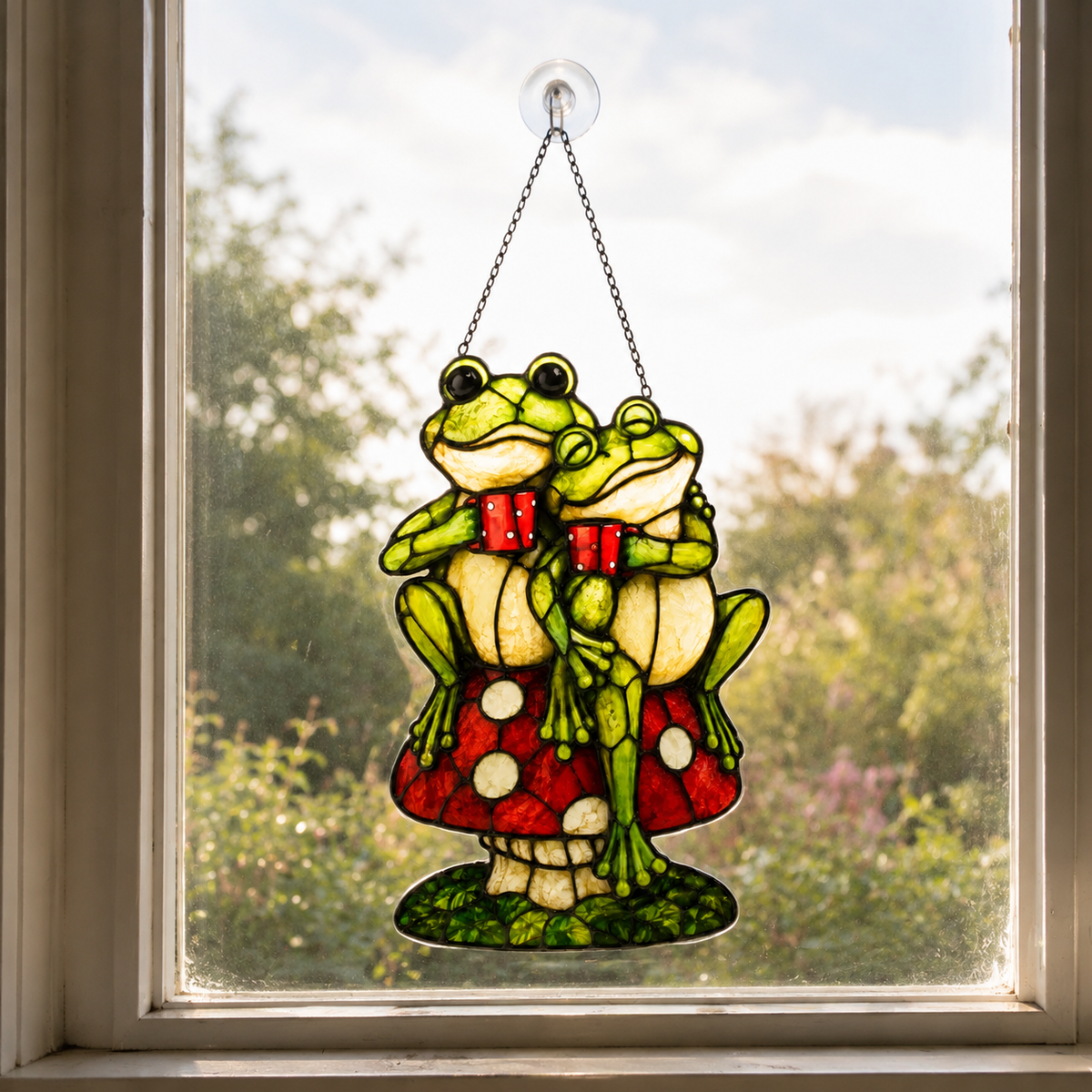 Frog Couple on Mushroom Holographic Acrylic Suncatcher