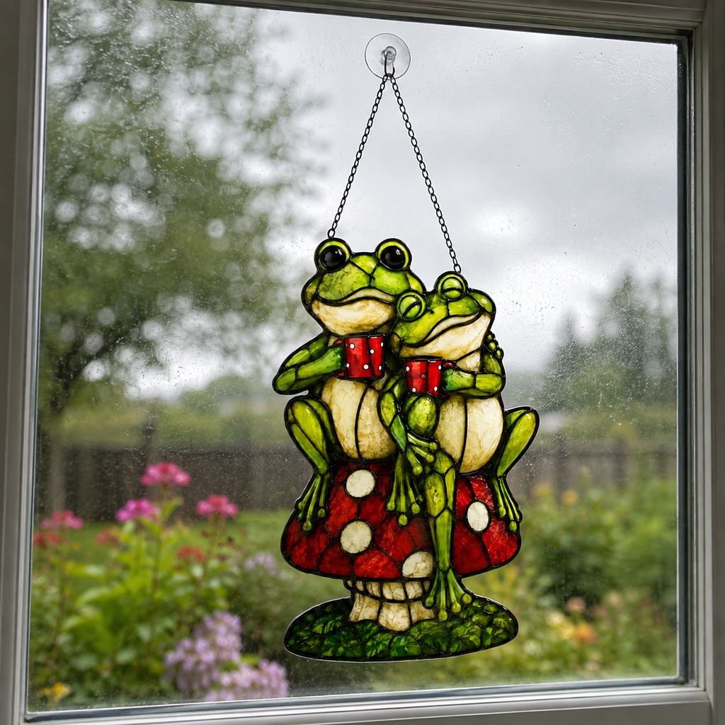 Frog Couple on Mushroom Holographic Acrylic Suncatcher