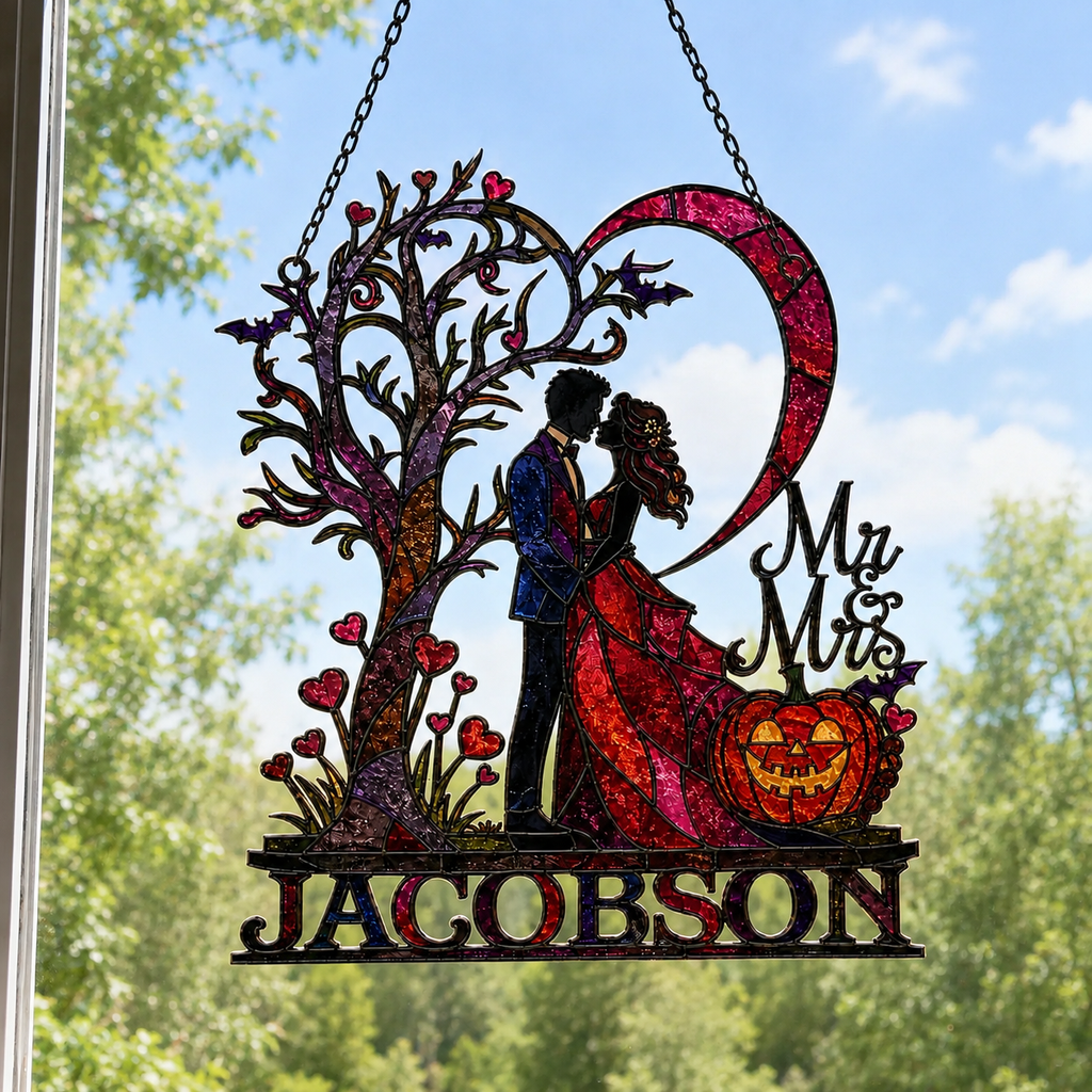 Personalized Halloween Couple Love Tree & Pumpkin Holographic Acrylic Suncatcher