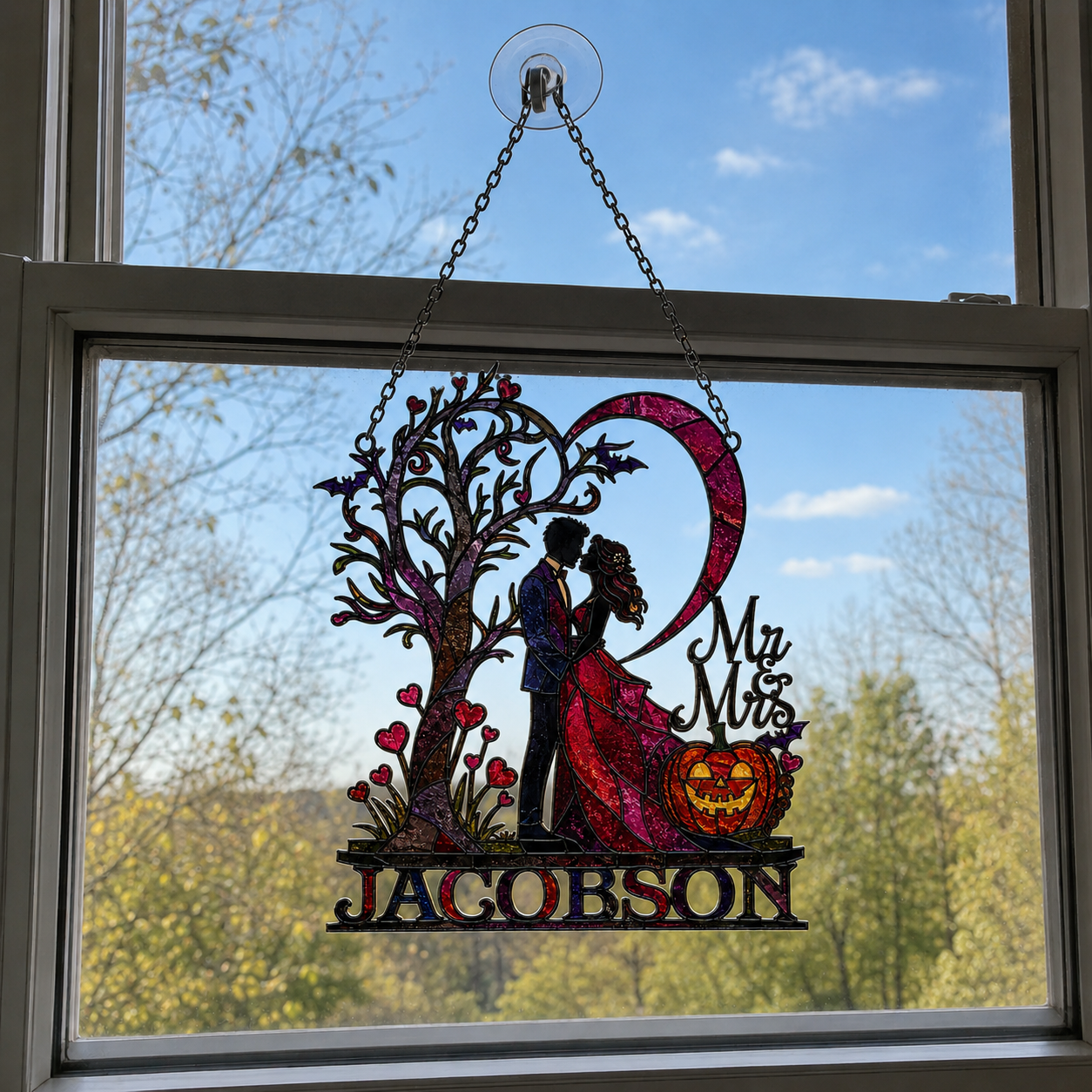 Personalized Halloween Couple Love Tree & Pumpkin Holographic Acrylic Suncatcher
