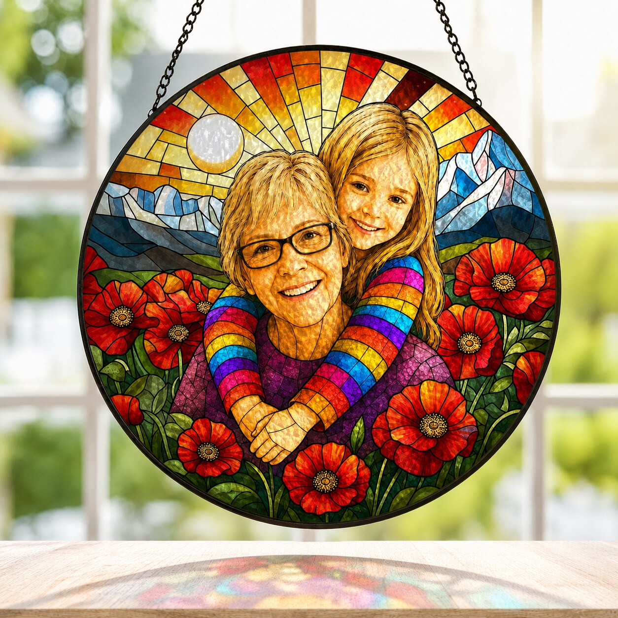 Personalized Poppy Sunrise Photo Stained Glass Suncatcher