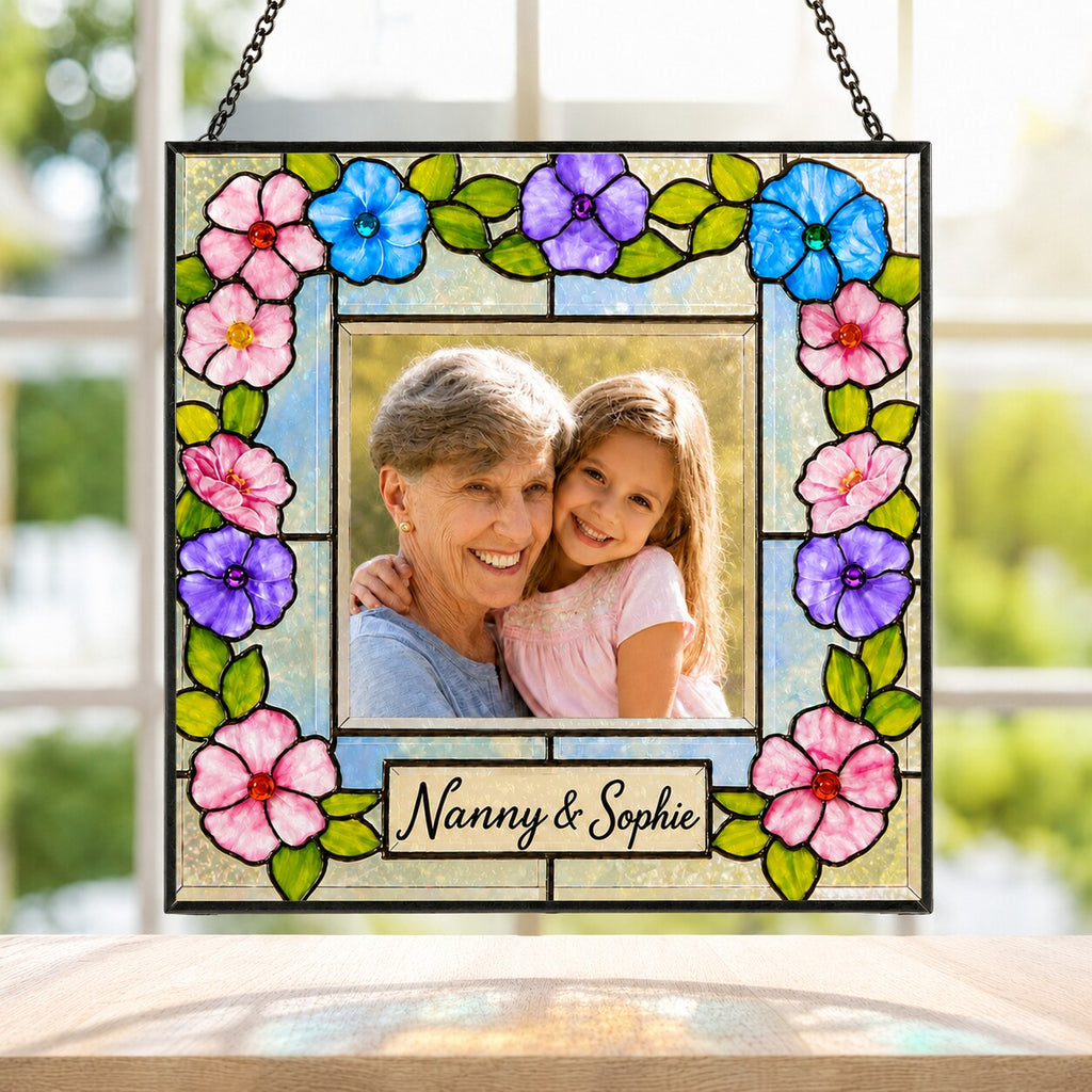 Personalized Photo Suncatcher – Custom Name Floral Frame Stained Glass Window Hanging