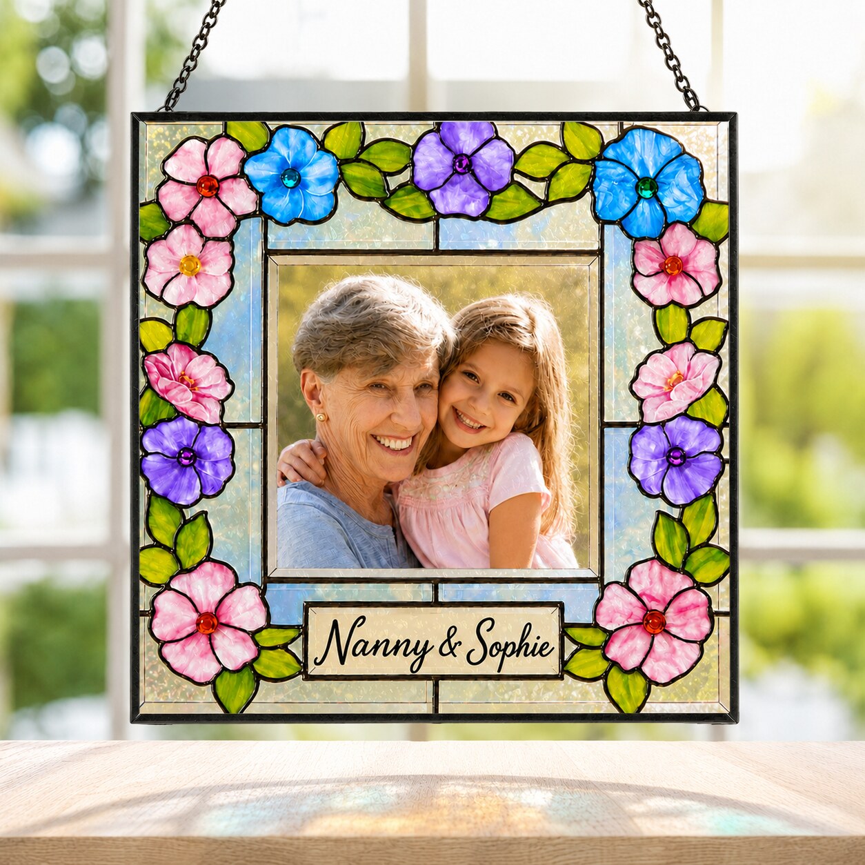 Personalized Photo Suncatcher – Custom Name Floral Frame Stained Glass Window Hanging