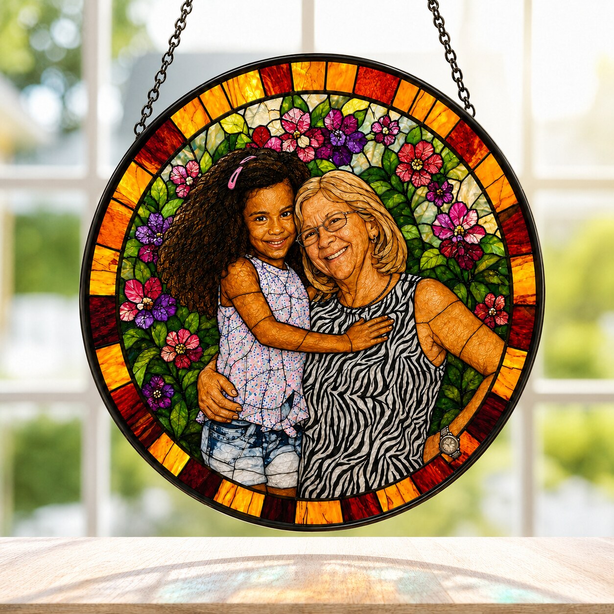 Personalized Floral Mosaic Photo Stained Glass Suncatcher