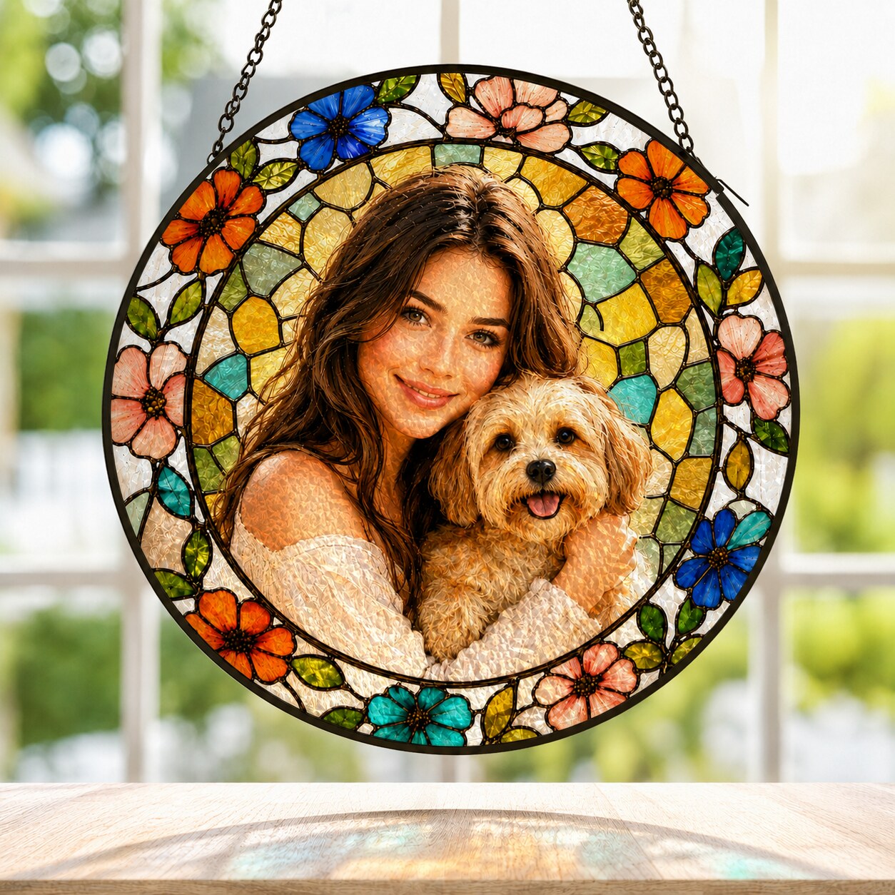 Classic Circle pet and owner photo suncatcher