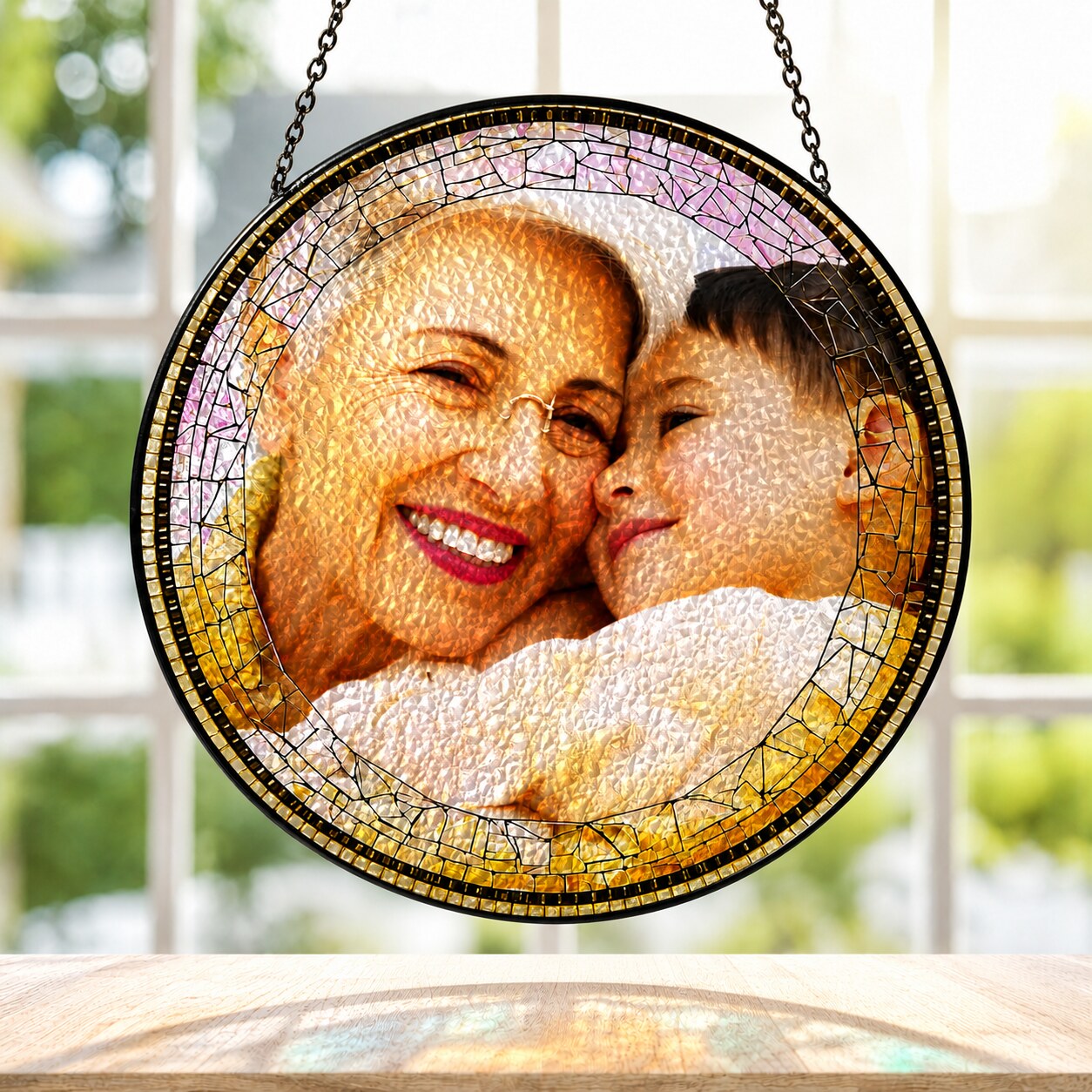 Personalized Photo Grandma Suncatcher – Custom Family Photo Stained Glass Window Hanging