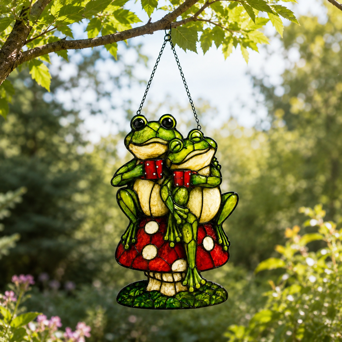 Frog Couple on Mushroom Holographic Acrylic Suncatcher