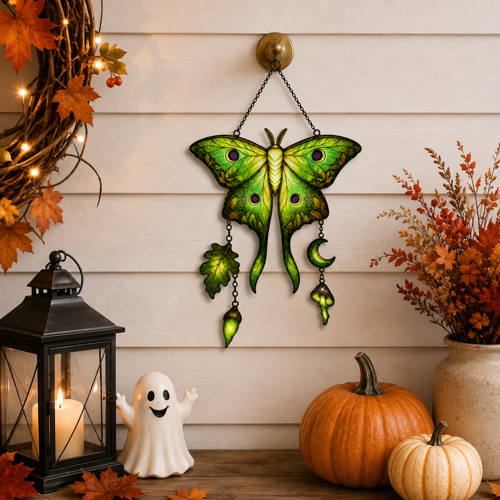 Luna Moth with Acorn & Crescent Moon Holographic Acrylic Suncatcher