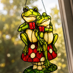 Frog Couple on Mushroom Holographic Acrylic Suncatcher