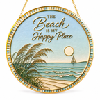 [PIXIWOO] Stained Glass Suncatcher Beach Window Hanging Decor, The Beach Is My Happy Place Ocean Acrylic Ornament, Coastal Wall Art, Beach House Sun Catcher Gift for Ocean Lovers