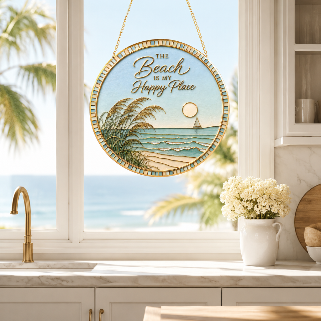 [PIXIWOO] Stained Glass Suncatcher Beach Window Hanging Decor, The Beach Is My Happy Place Ocean Acrylic Ornament, Coastal Wall Art, Beach House Sun Catcher Gift for Ocean Lovers
