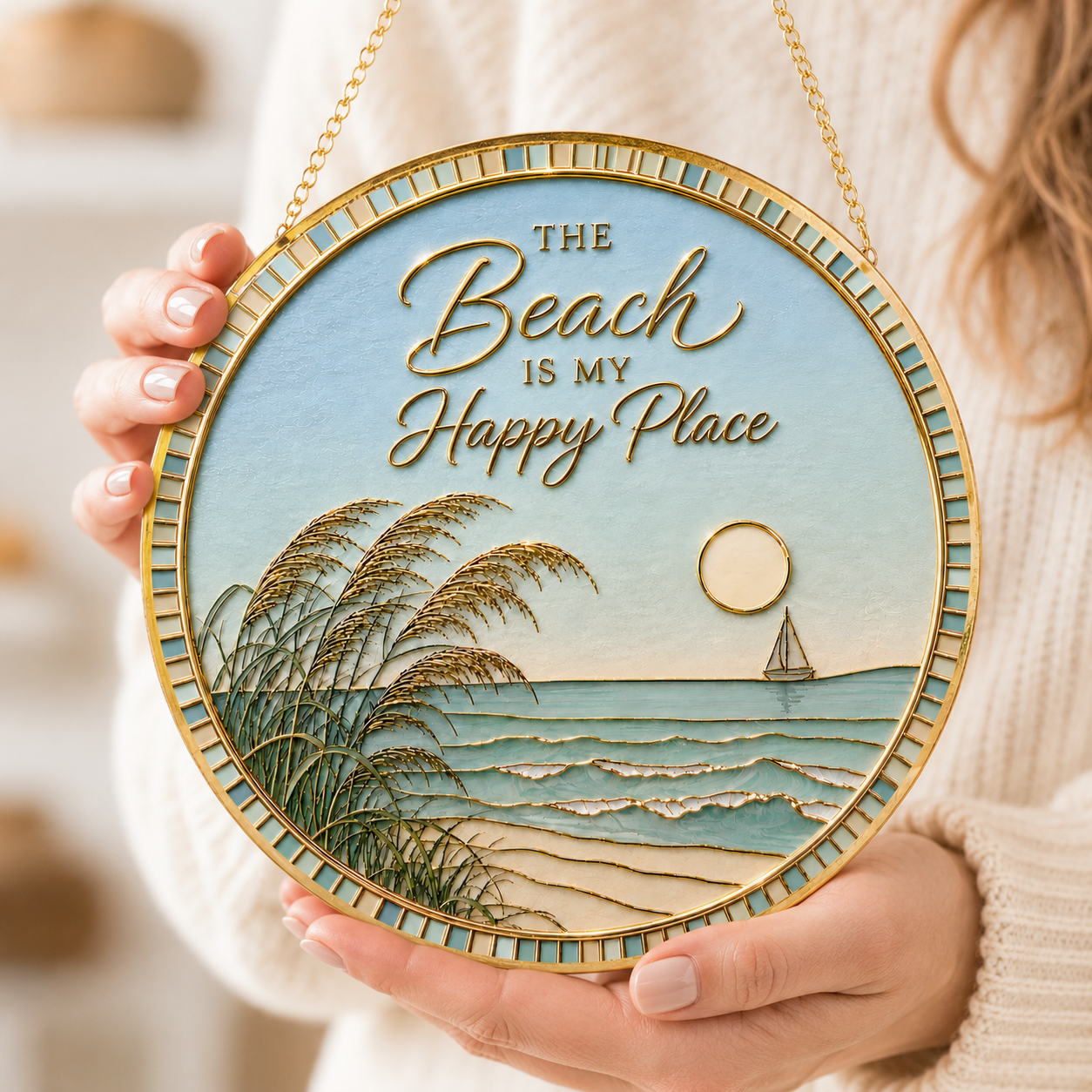 [PIXIWOO] Stained Glass Suncatcher Beach Window Hanging Decor, The Beach Is My Happy Place Ocean Acrylic Ornament, Coastal Wall Art, Beach House Sun Catcher Gift for Ocean Lovers
