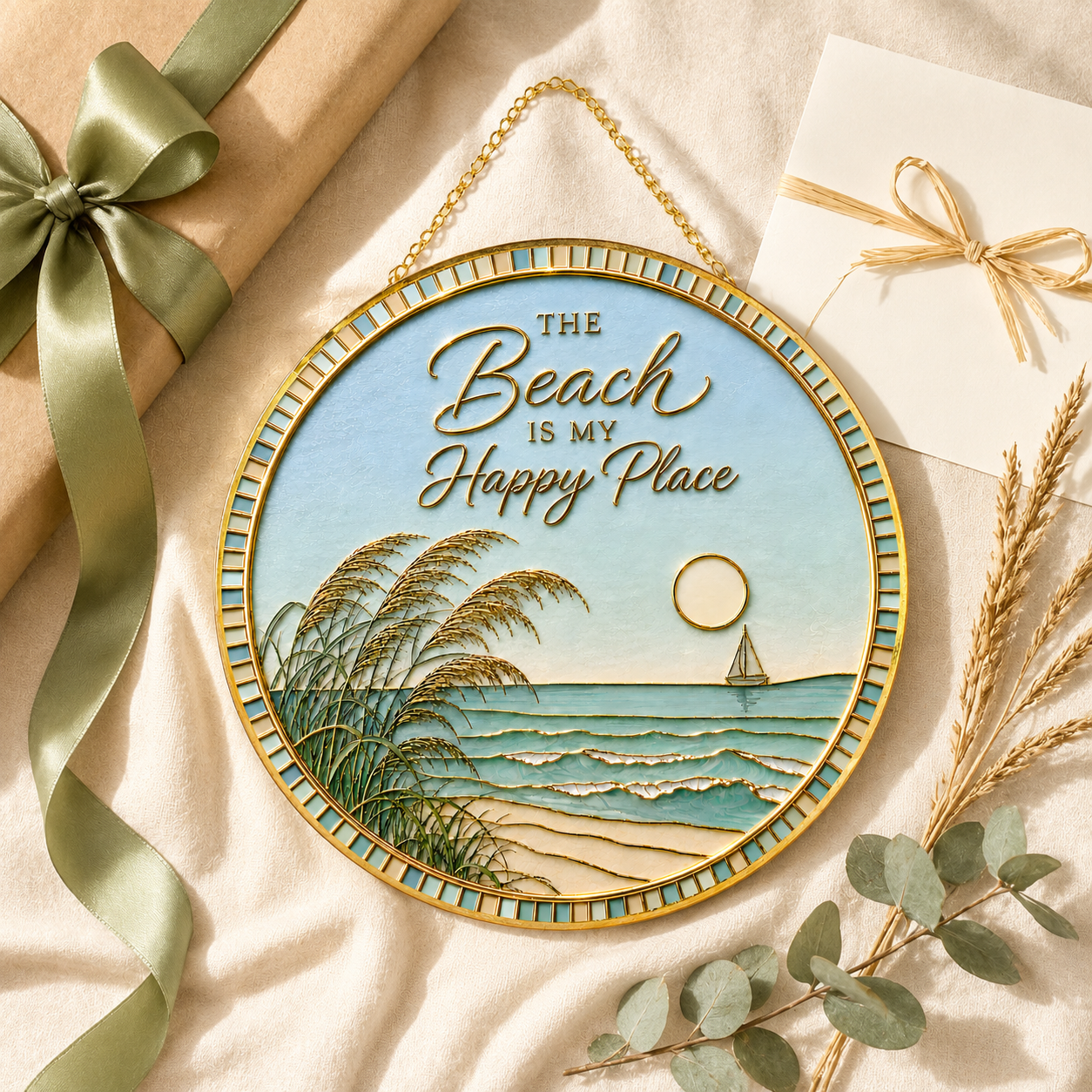 [PIXIWOO] Stained Glass Suncatcher Beach Window Hanging Decor, The Beach Is My Happy Place Ocean Acrylic Ornament, Coastal Wall Art, Beach House Sun Catcher Gift for Ocean Lovers