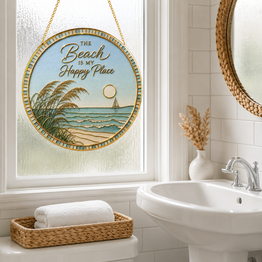 [PIXIWOO] Stained Glass Suncatcher Beach Window Hanging Decor, The Beach Is My Happy Place Ocean Acrylic Ornament, Coastal Wall Art, Beach House Sun Catcher Gift for Ocean Lovers