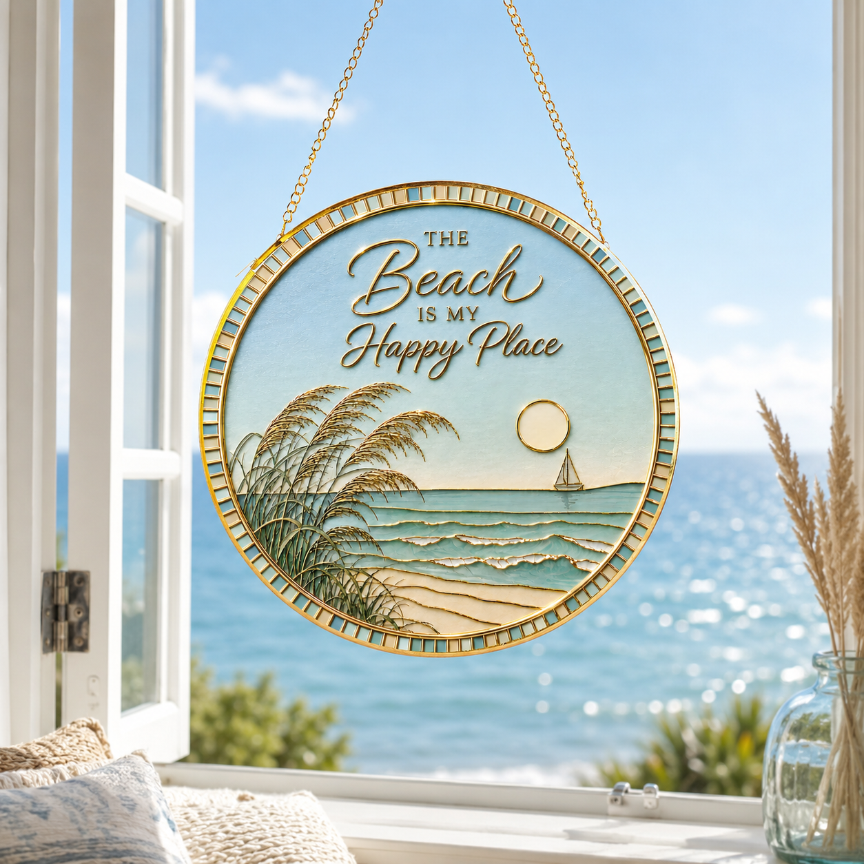 [PIXIWOO] Stained Glass Suncatcher Beach Window Hanging Decor, The Beach Is My Happy Place Ocean Acrylic Ornament, Coastal Wall Art, Beach House Sun Catcher Gift for Ocean Lovers