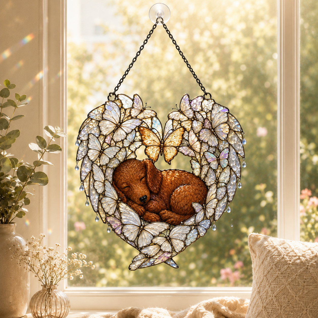 Sleeping Puppy Butterfly Heart Holographic Acrylic Suncatcher