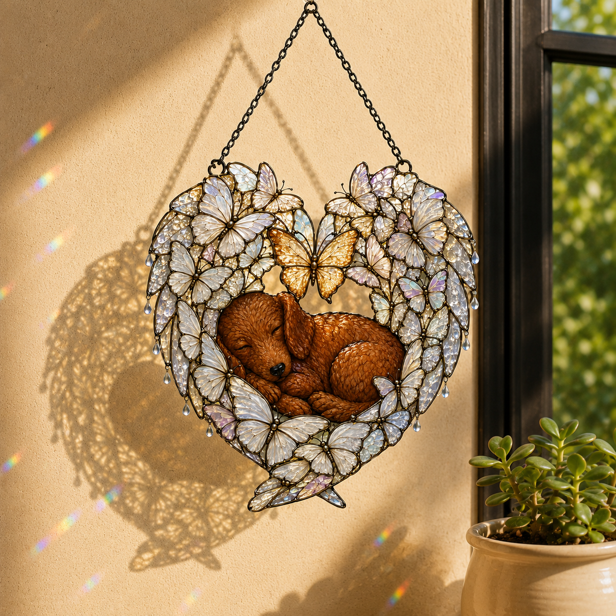 Sleeping Puppy Butterfly Heart Holographic Acrylic Suncatcher