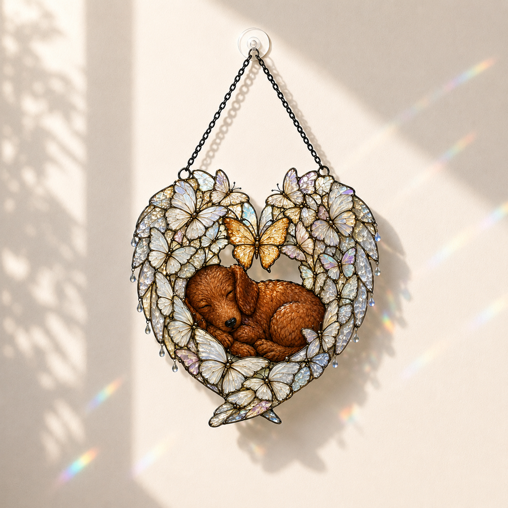Sleeping Puppy Butterfly Heart Holographic Acrylic Suncatcher
