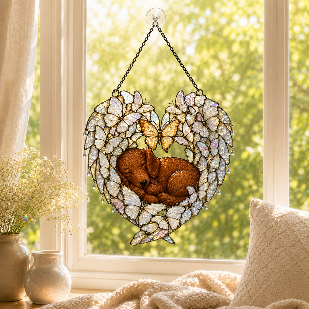Sleeping Puppy Butterfly Heart Holographic Acrylic Suncatcher