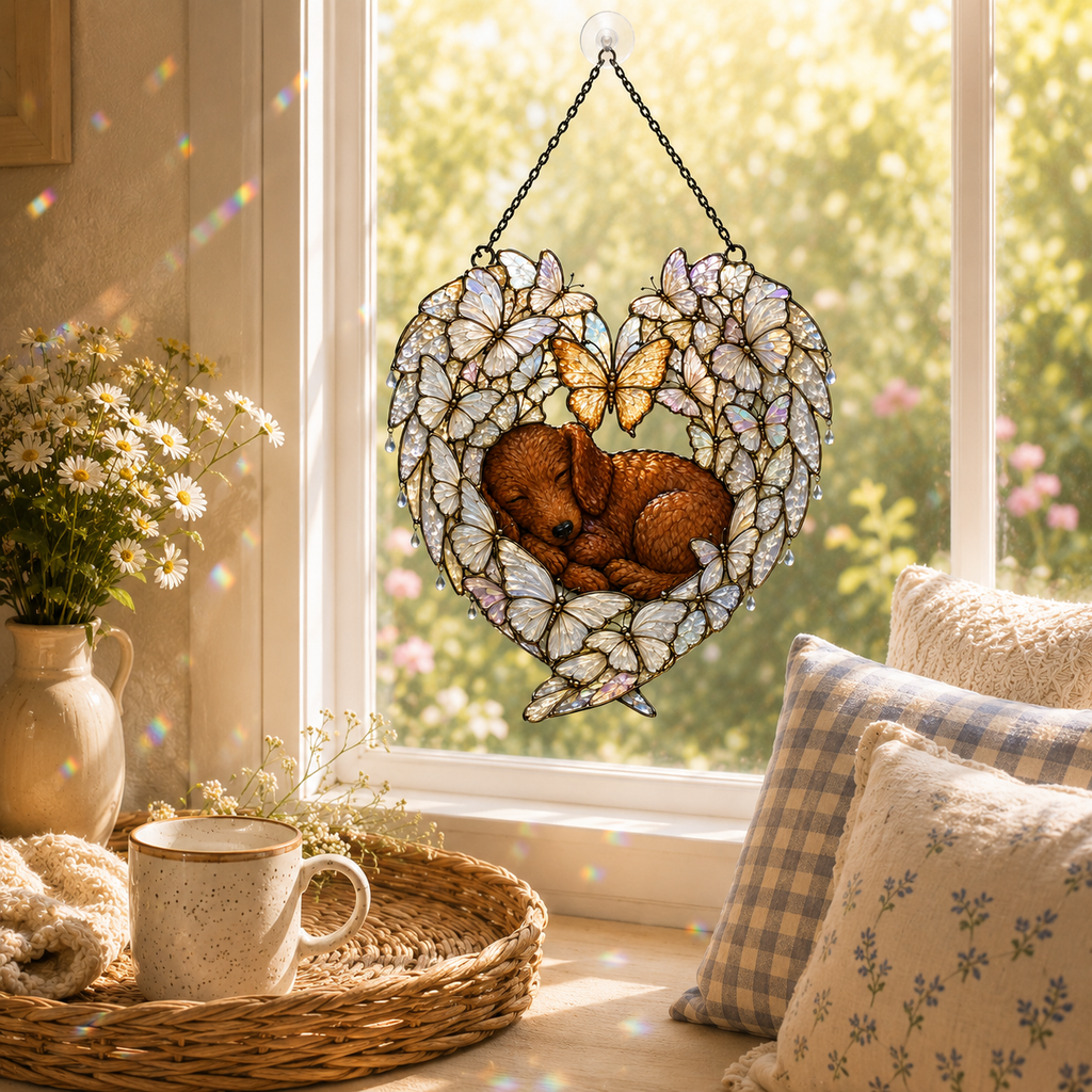 Sleeping Puppy Butterfly Heart Holographic Acrylic Suncatcher