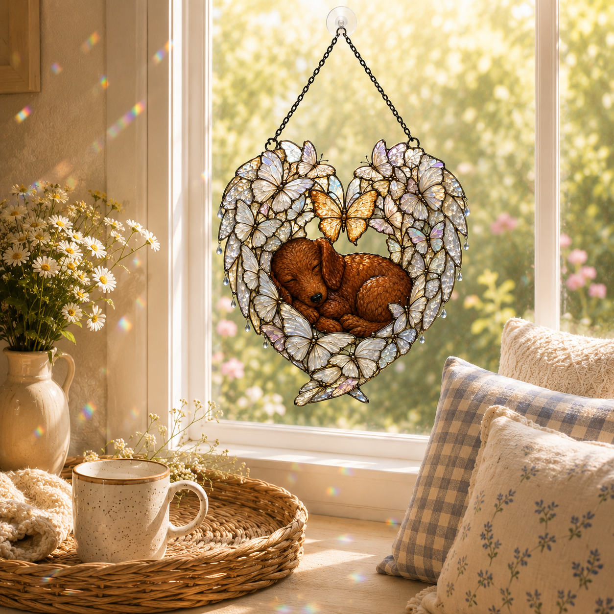 Sleeping Puppy Butterfly Heart Holographic Acrylic Suncatcher