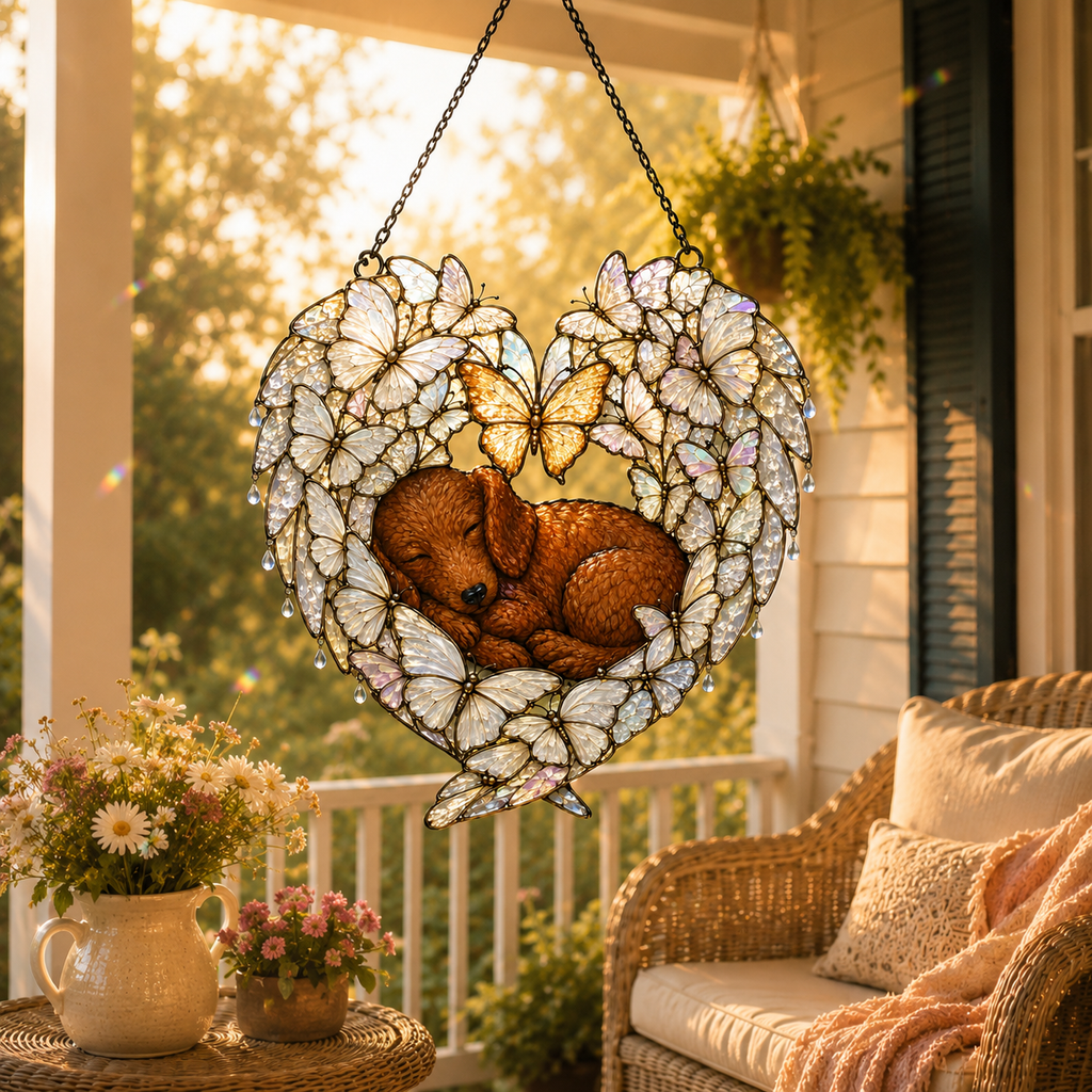 Sleeping Puppy Butterfly Heart Holographic Acrylic Suncatcher