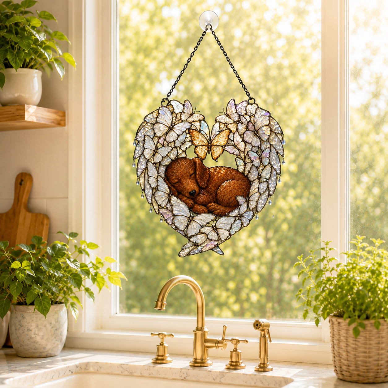 Sleeping Puppy Butterfly Heart Holographic Acrylic Suncatcher